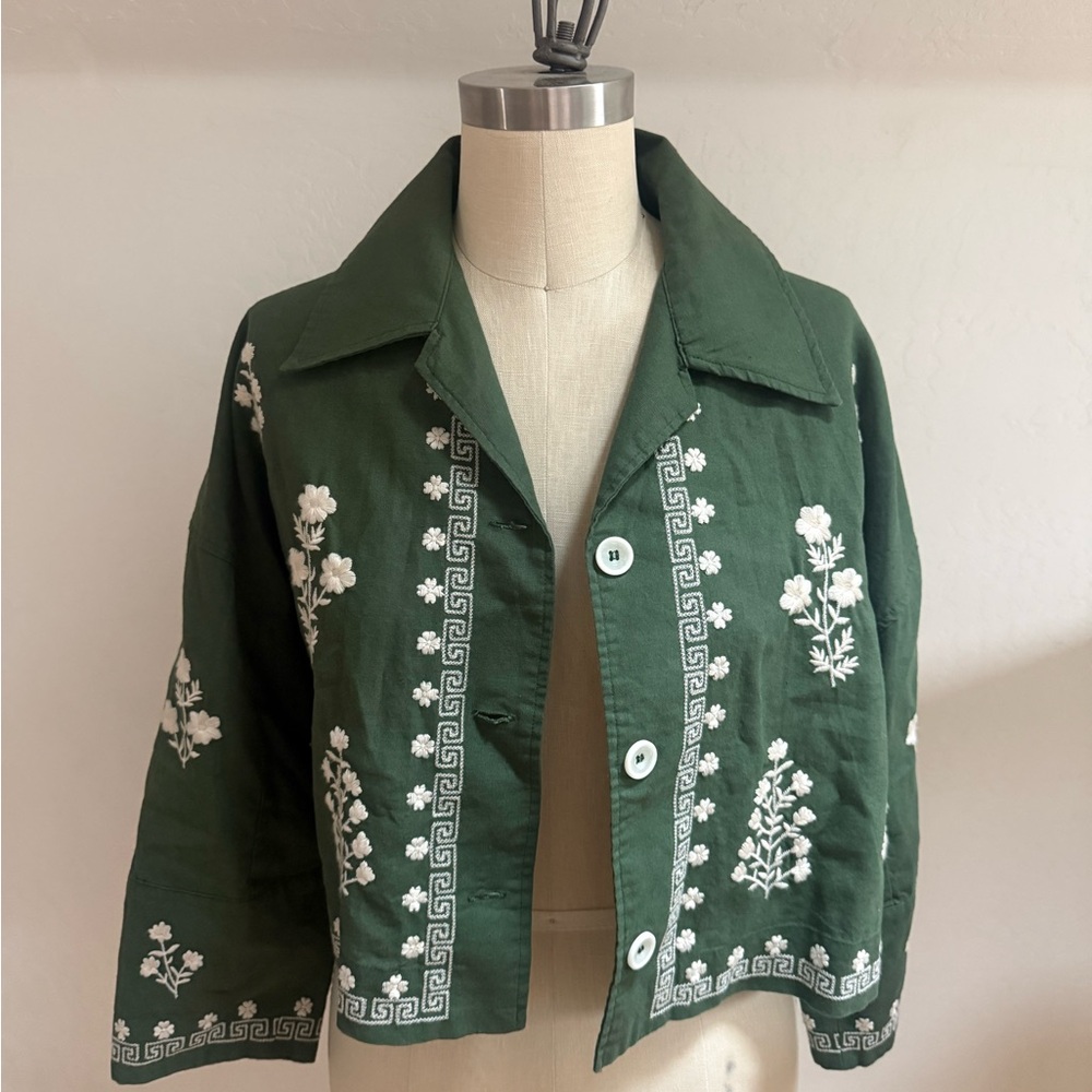 Zara Embroidered Green Cropped  Jacket Medium